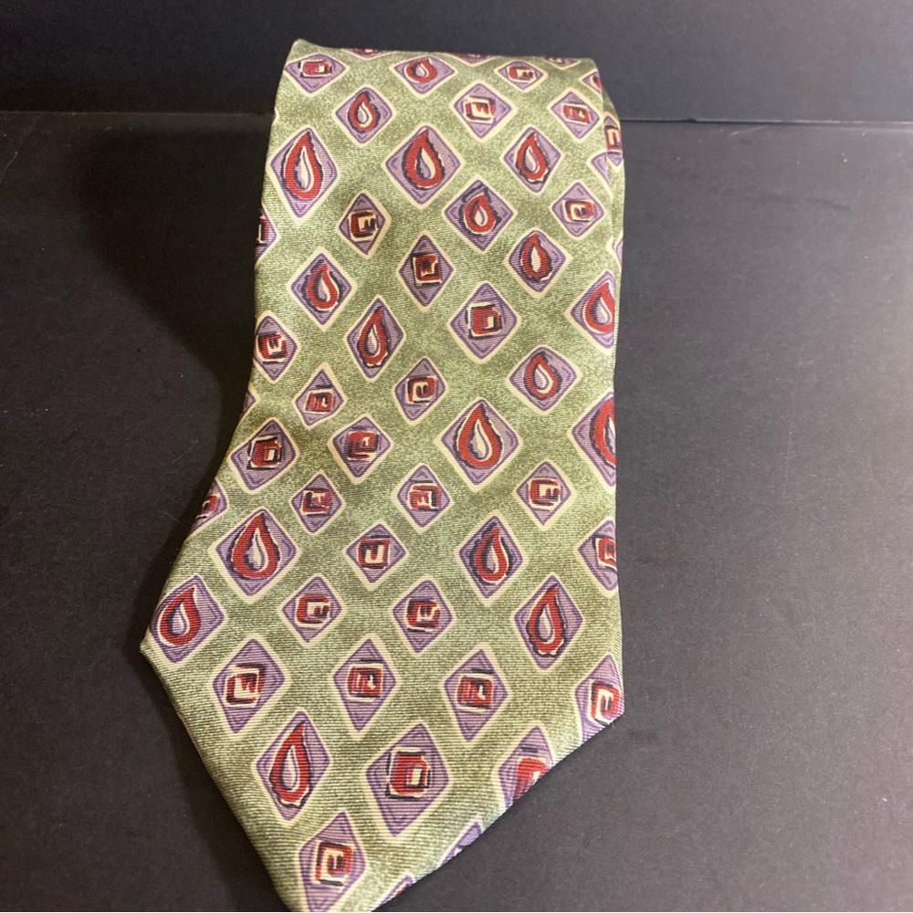 Vtg Christian‎ Dior Monsieur Tear Drop Paisley Green Multicolored Geomatic Silk
